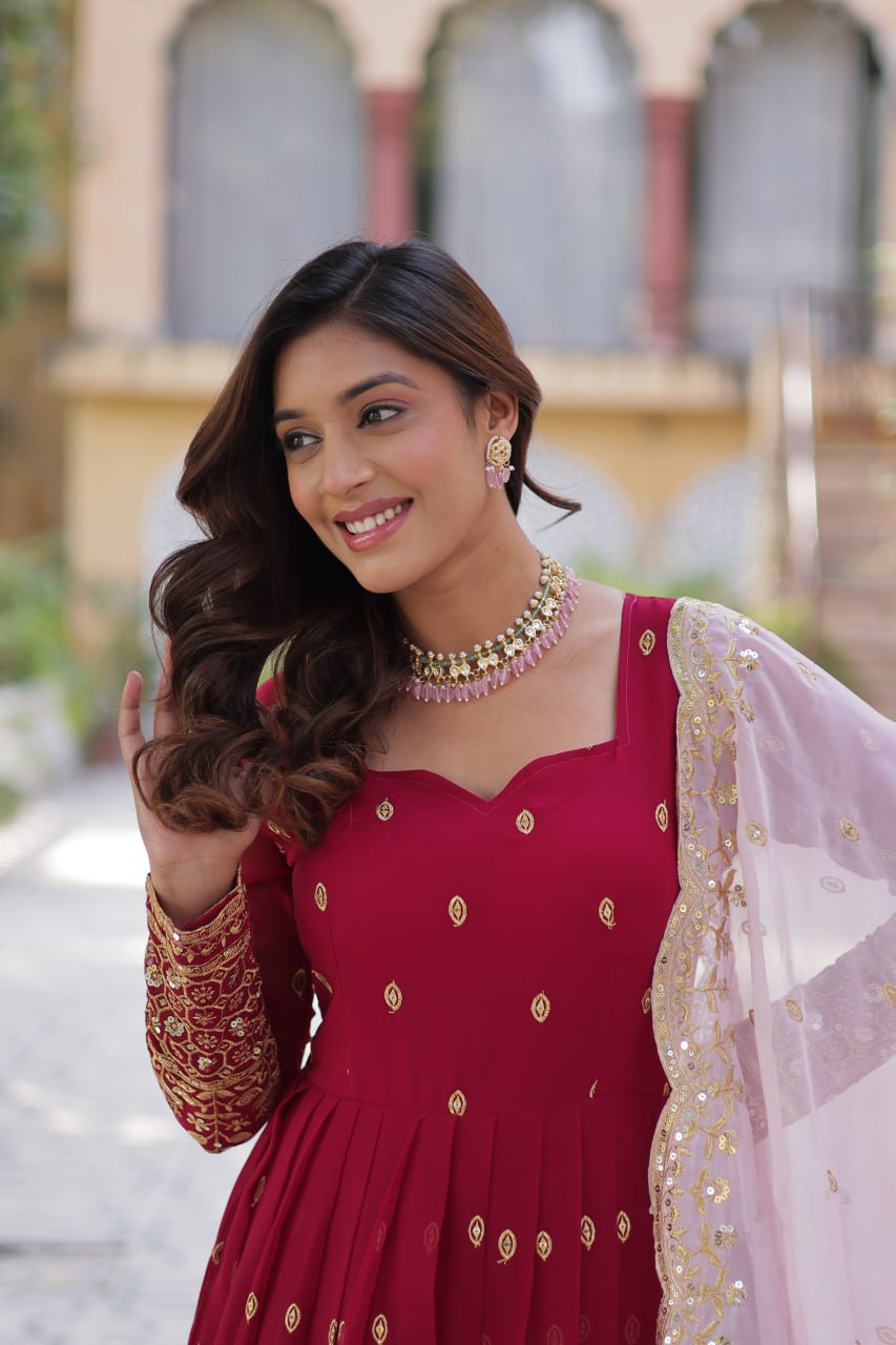 Lovely Maroon Faux Georgette Zari Sequins Worked Gown With Dupatta - Ethnicwish