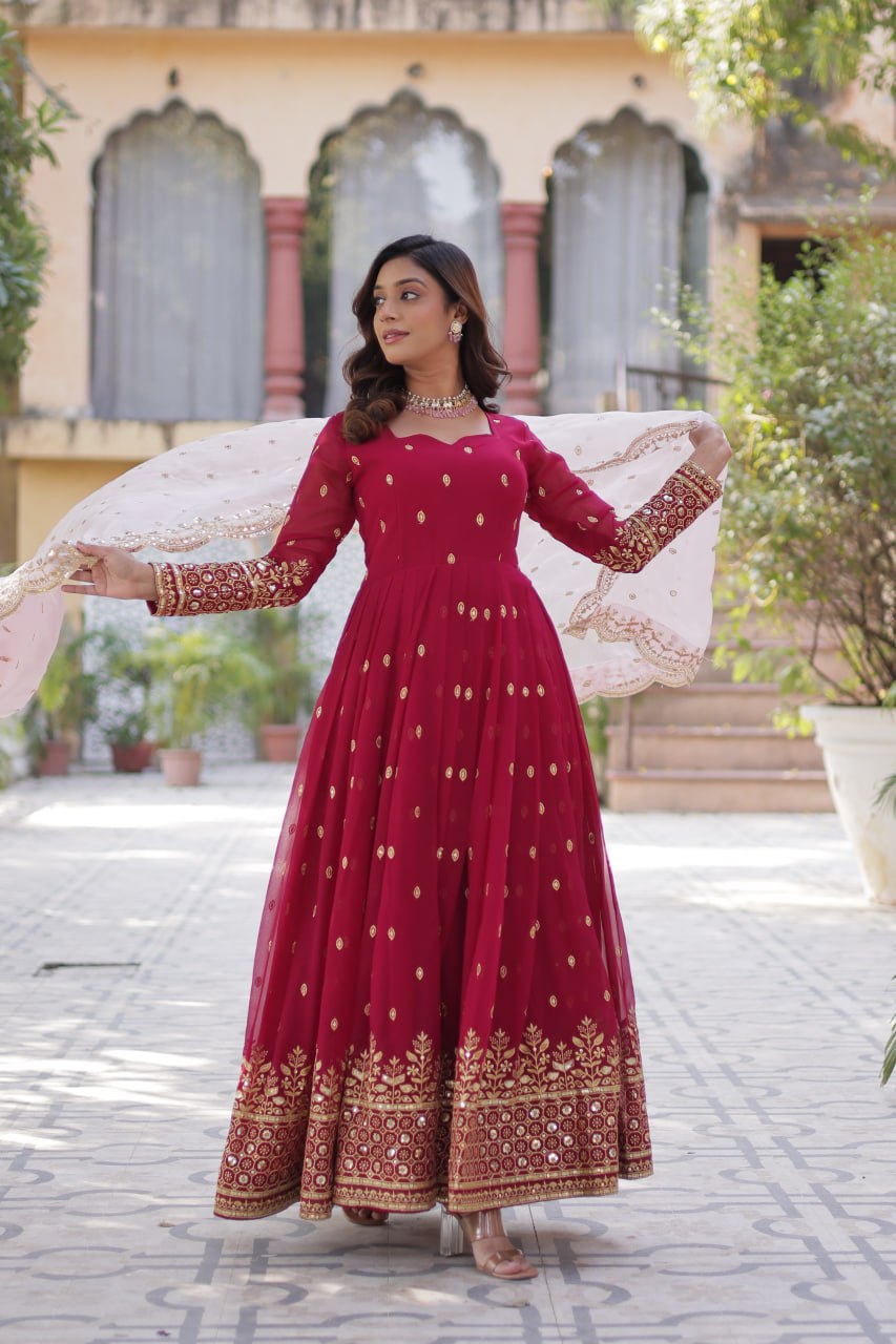 Lovely Maroon Faux Georgette Zari Sequins Worked Gown With Dupatta - Ethnicwish