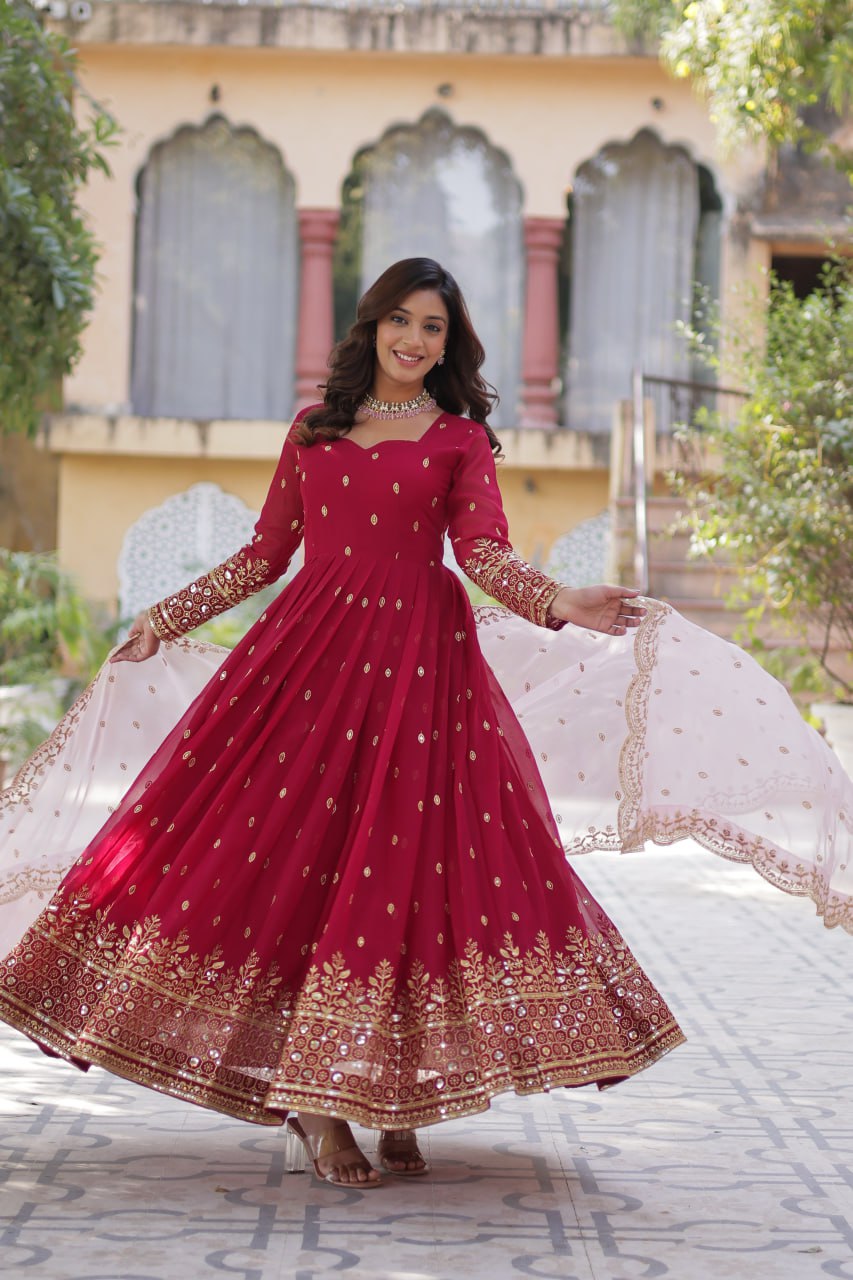 Lovely Maroon Faux Georgette Zari Sequins Worked Gown With Dupatta - Ethnicwish
