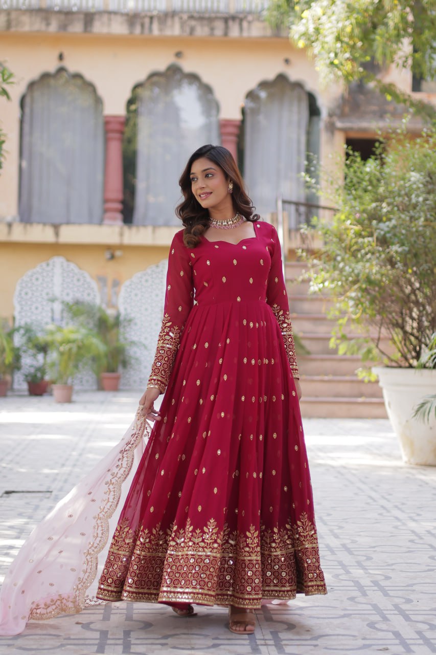 Lovely Maroon Faux Georgette Zari Sequins Worked Gown With Dupatta - Ethnicwish