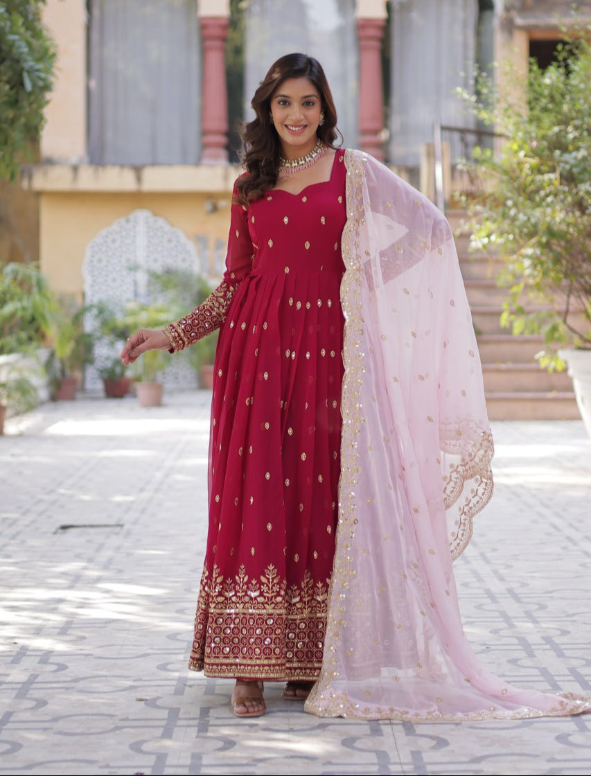 Lovely Maroon Faux Georgette Zari Sequins Worked Gown With Dupatta - Ethnicwish