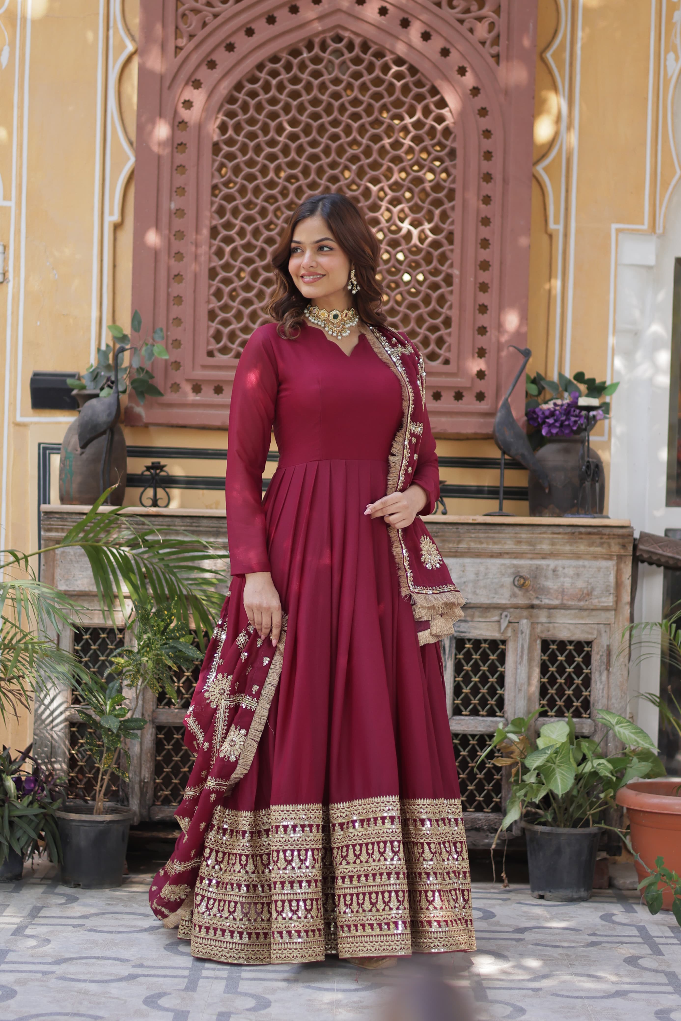 Lovely Georgette Embroidered Zari Sequins Worked Gown With Dupatta - Ethnicwish