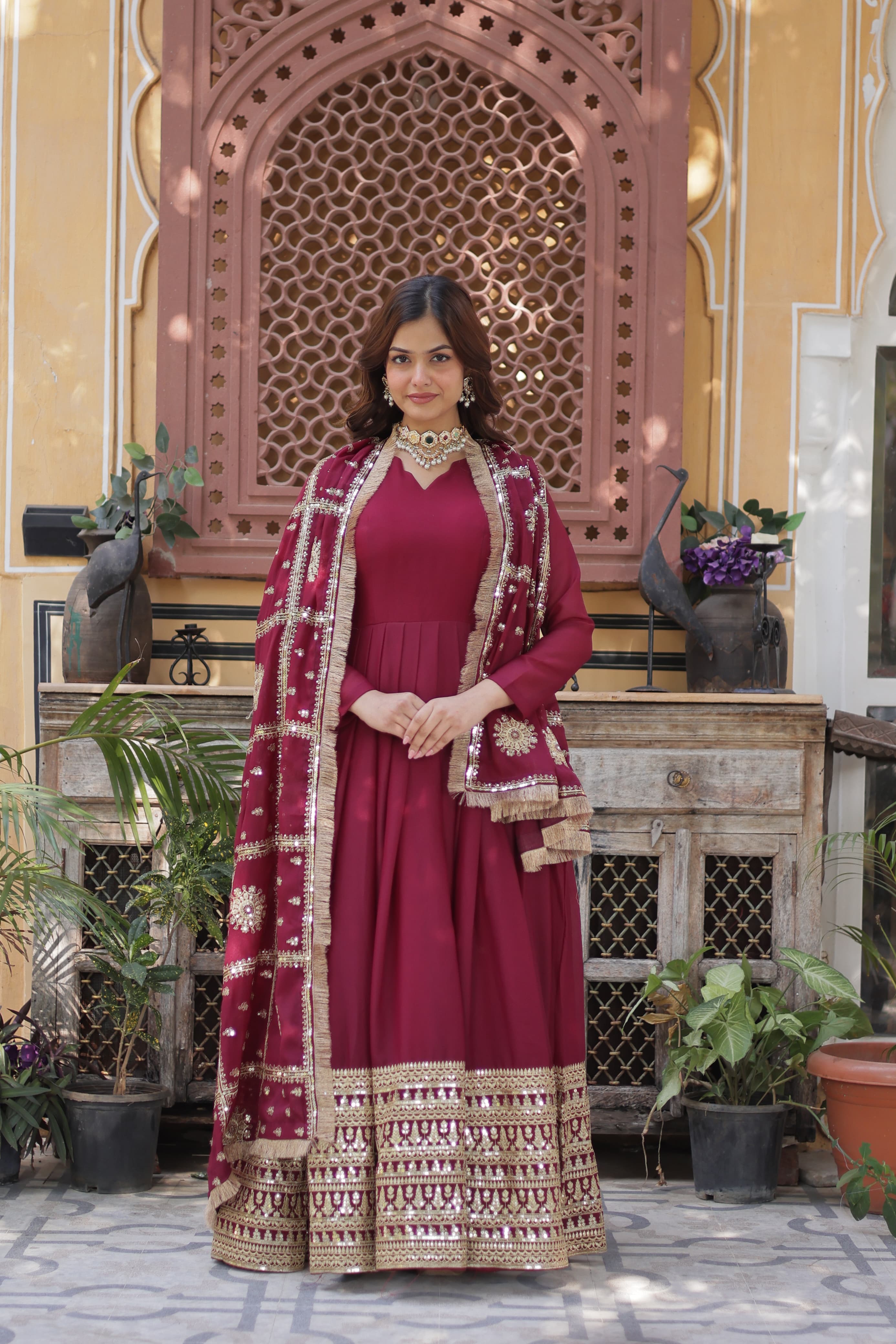 Lovely Georgette Embroidered Zari Sequins Worked Gown With Dupatta - Ethnicwish
