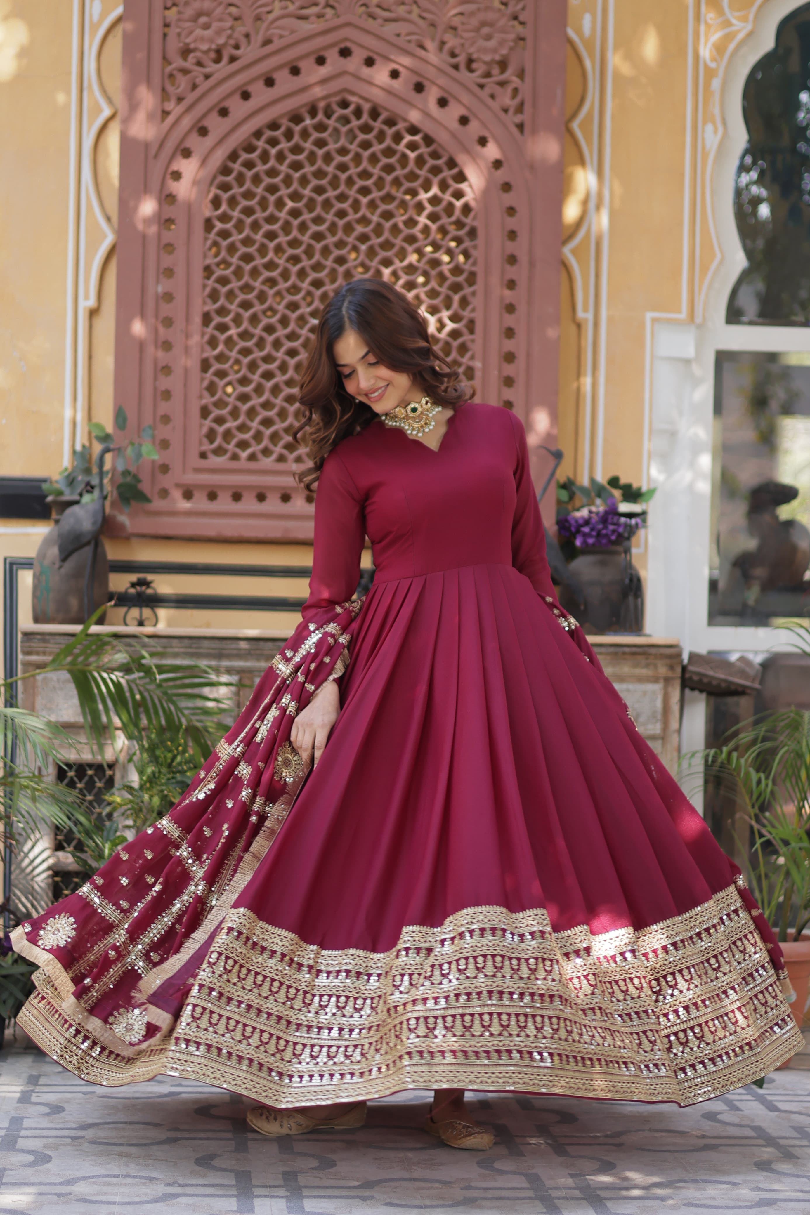 Lovely Georgette Embroidered Zari Sequins Worked Gown With Dupatta - Ethnicwish