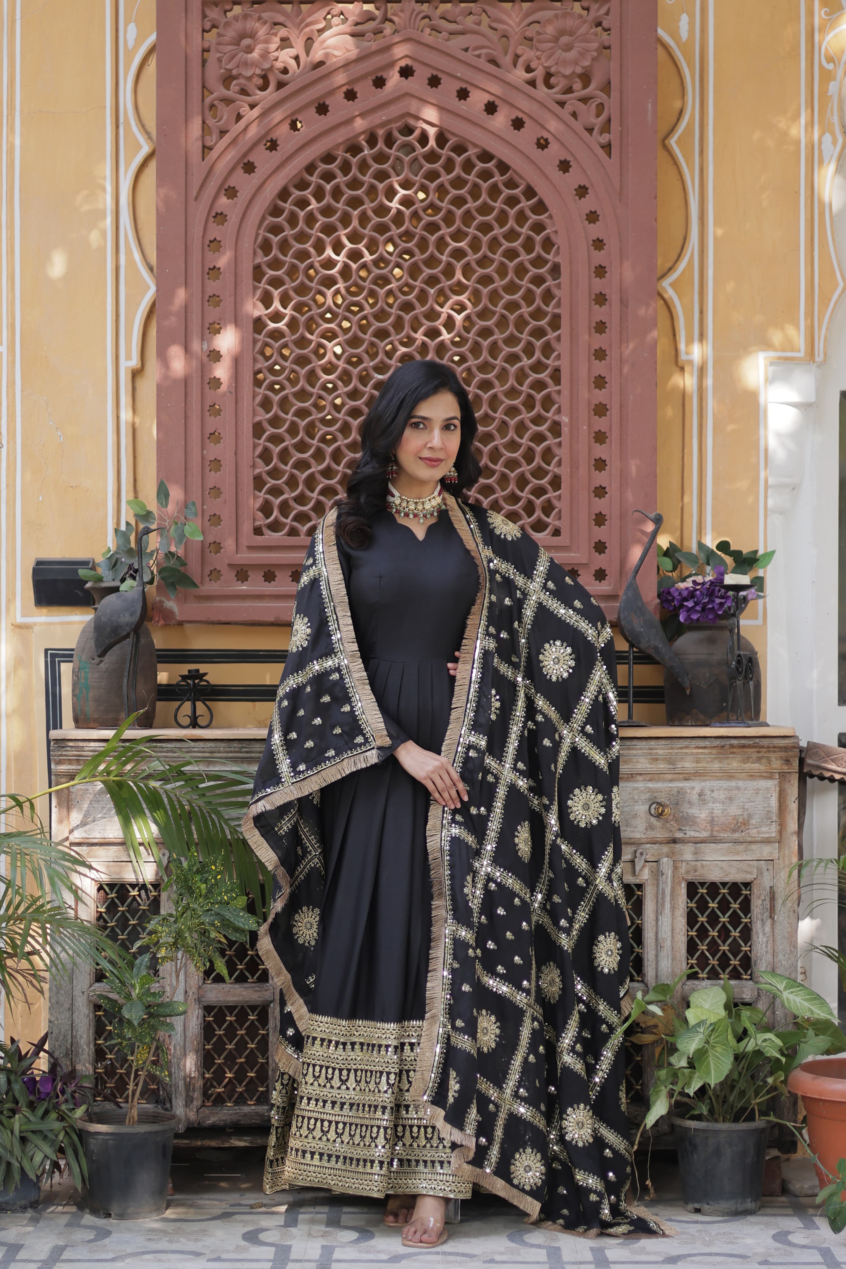 Lovely Georgette Embroidered Zari Sequins Worked Gown With Dupatta - Ethnicwish
