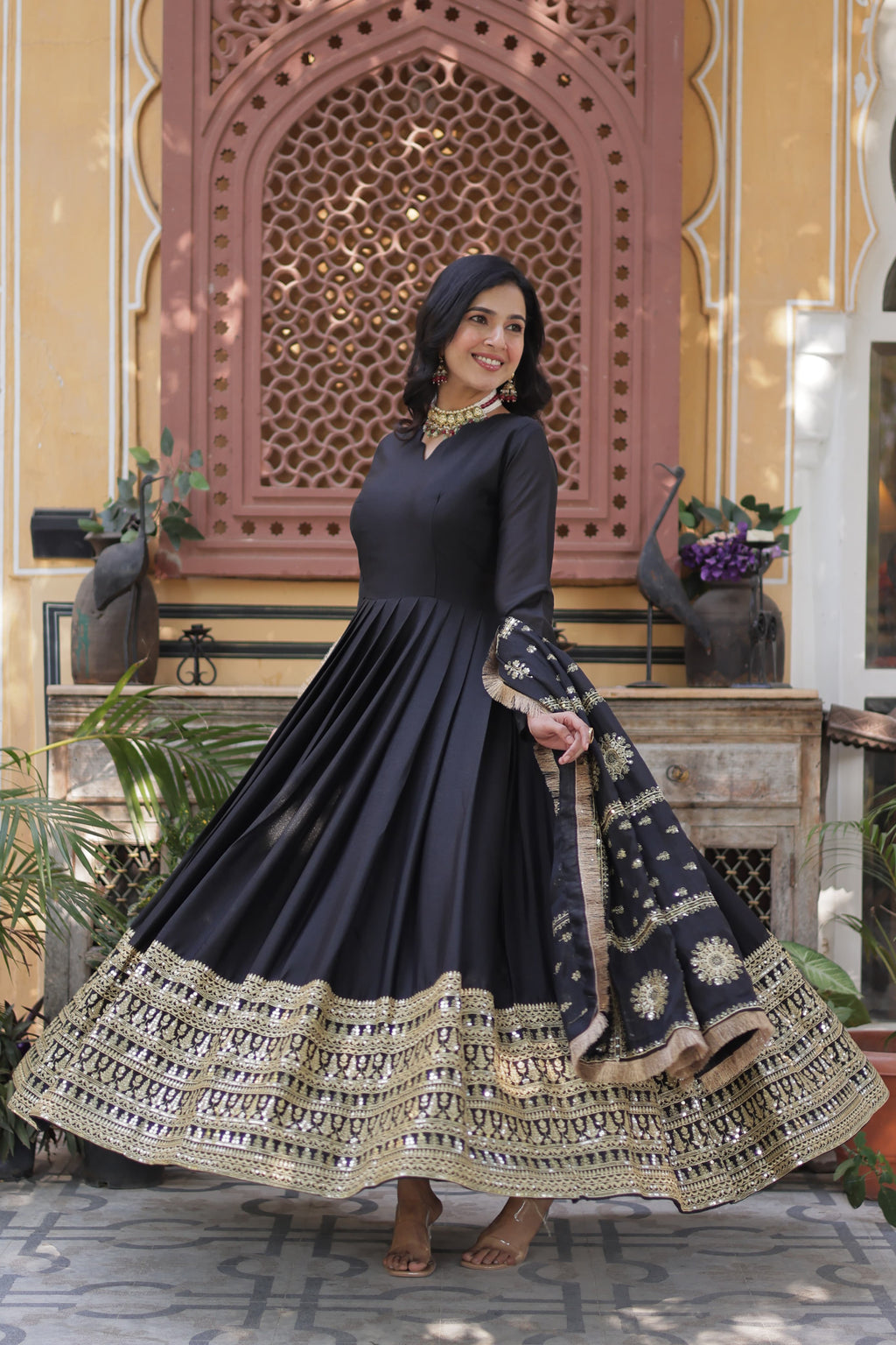 Lovely Georgette Embroidered Zari Sequins Worked Gown With Dupatta - Ethnicwish