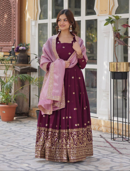 Graceful Star Georgette Gown Set with Gold Crush Dupatta - ETHNICDEAL