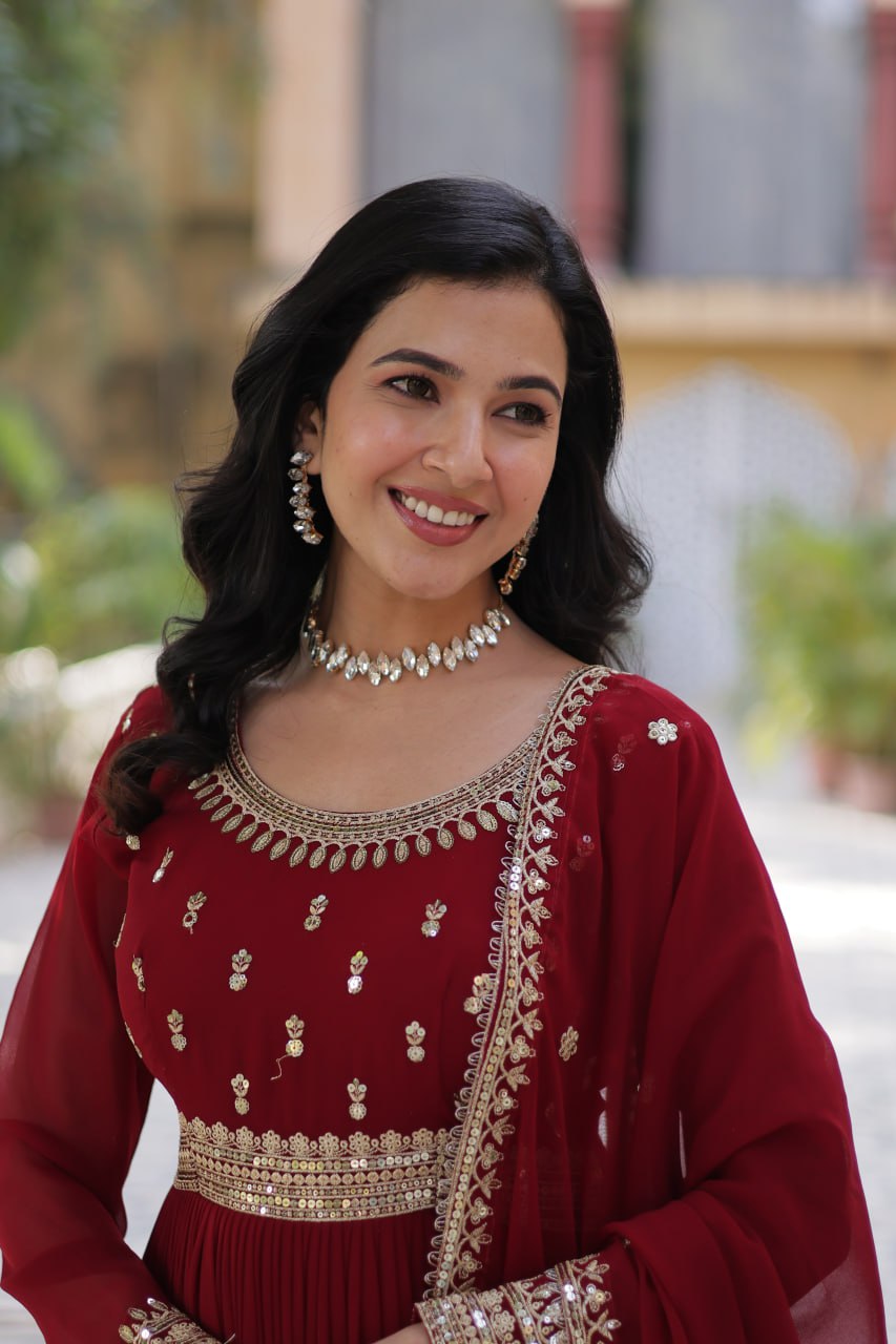 Spellbinding Faux Georgette Embroidered Sequins Worked Gown - Ethnicwish