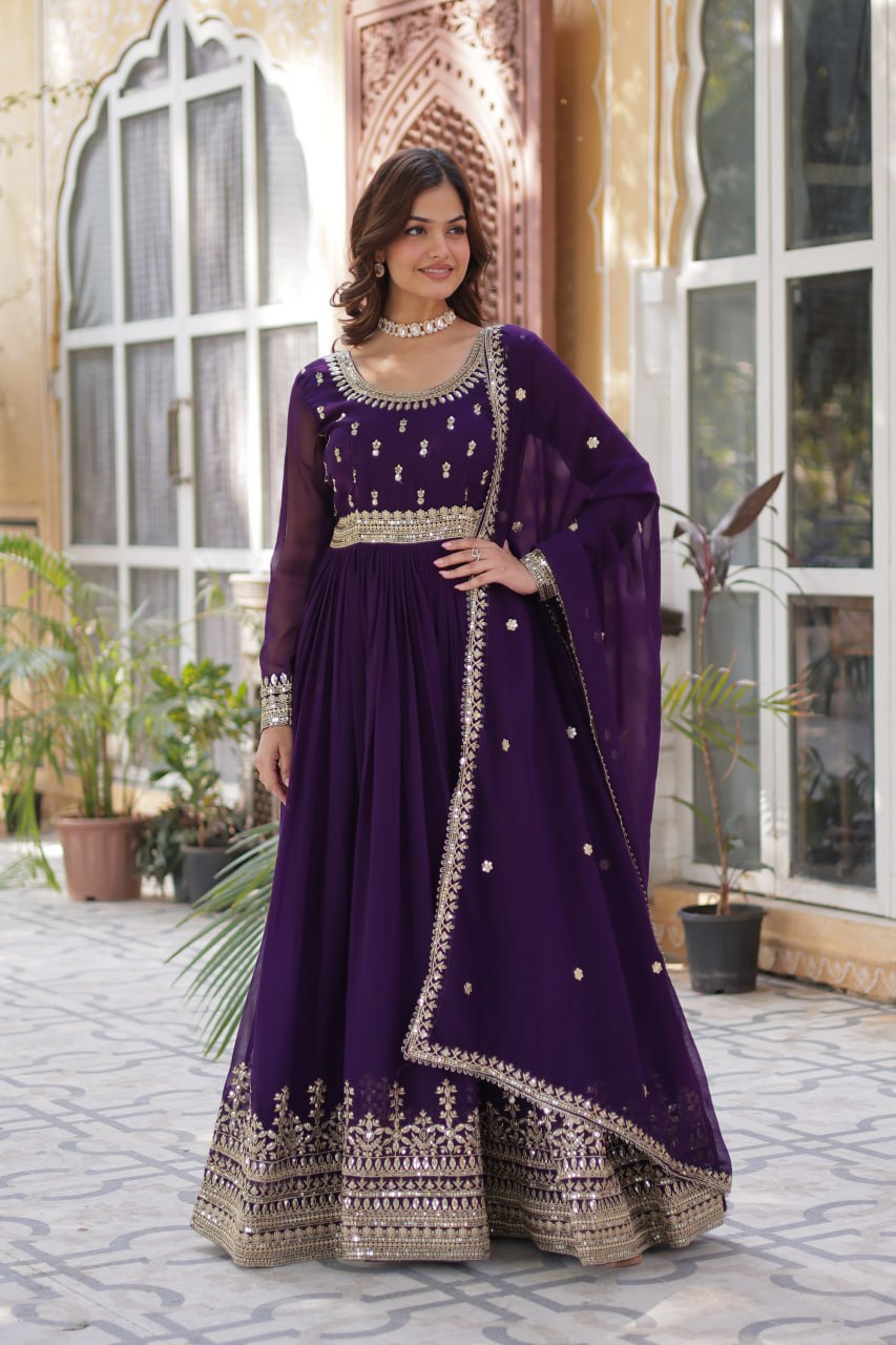 Spellbinding Faux Georgette Embroidered Sequins Worked Gown - Ethnicwish