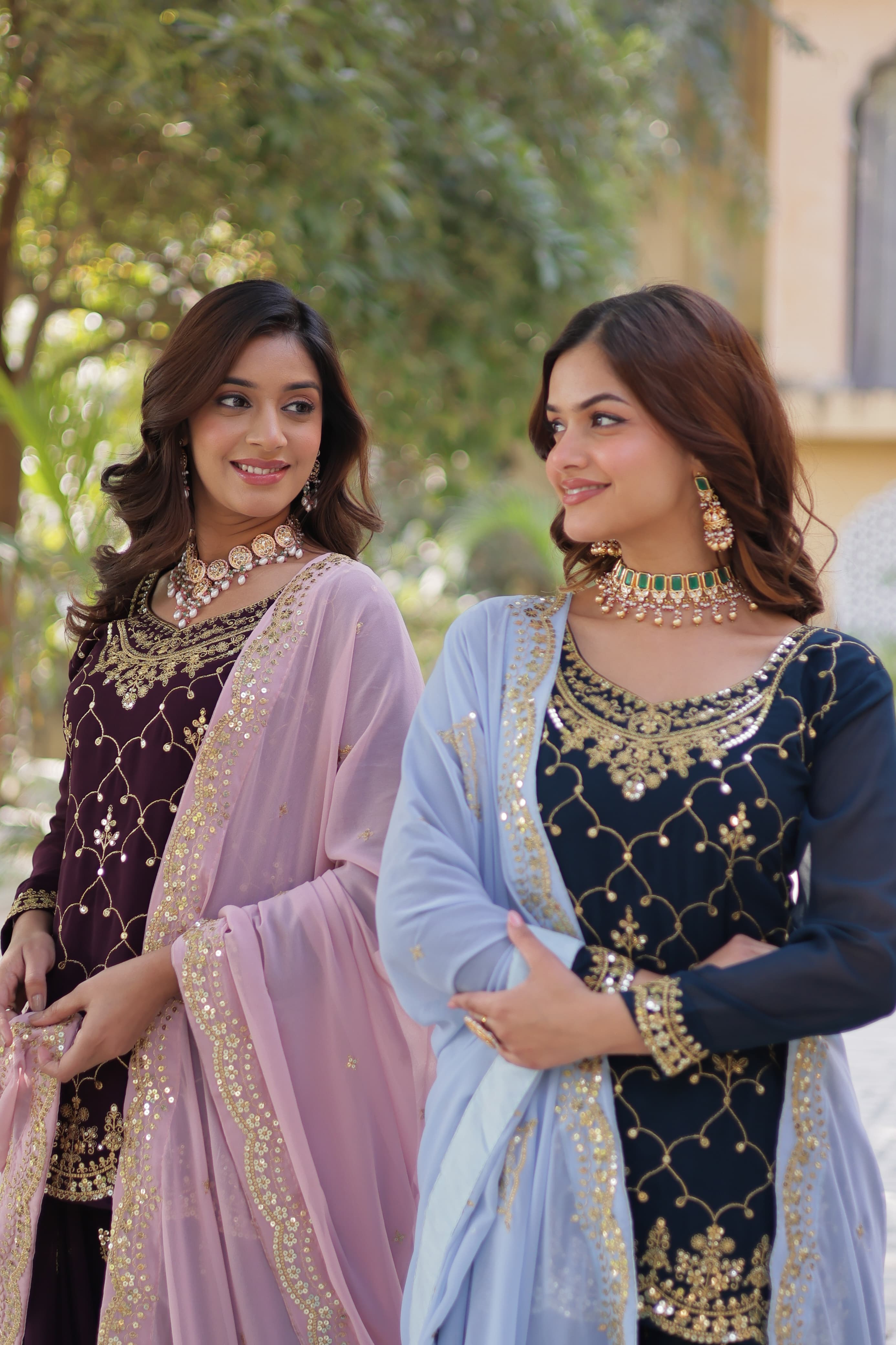 Mesmerizing Faux Georgette Sequins Embroidered Top Palazzo Suit - Ethnicwish