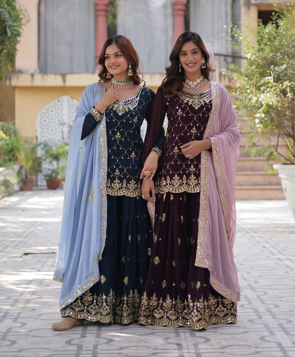 Mesmerizing Faux Georgette Sequins Embroidered Top Palazzo Suit - Ethnicwish