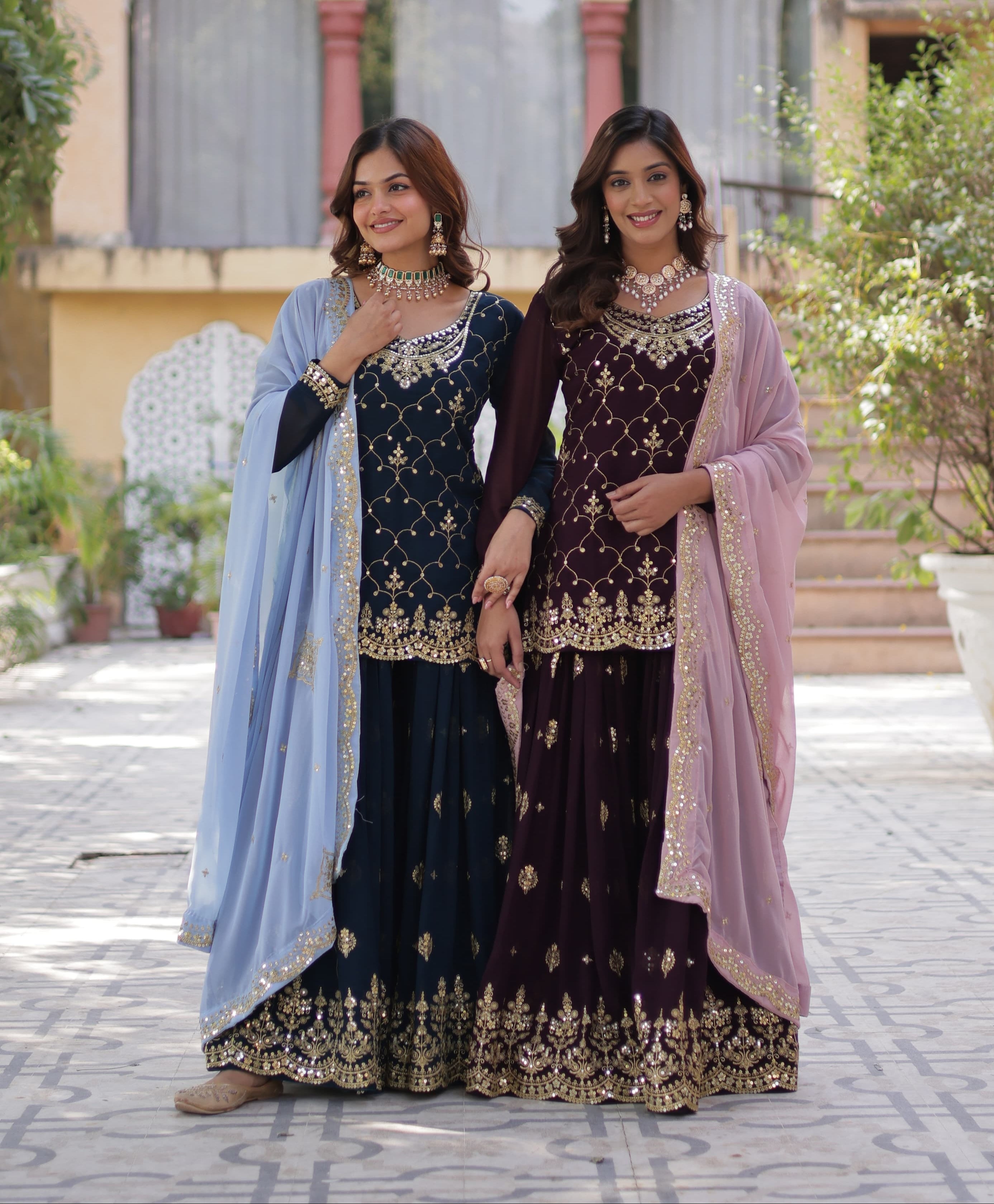 Mesmerizing Faux Georgette Sequins Embroidered Top Palazzo Suit - Ethnicwish