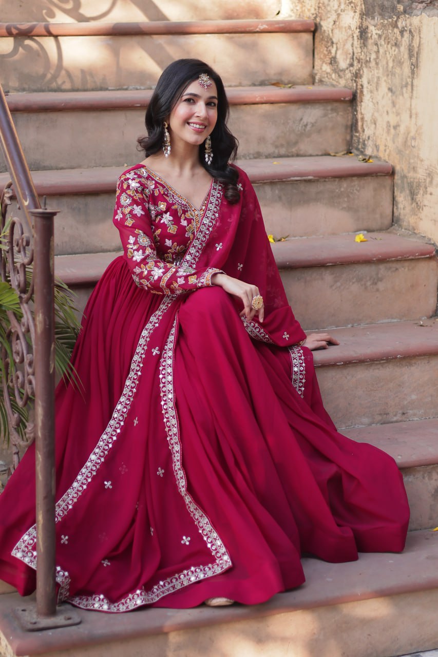 Magnificent Faux Georgette Zari Sequins Embroidered Gown With Dupatta - Ethnicwish