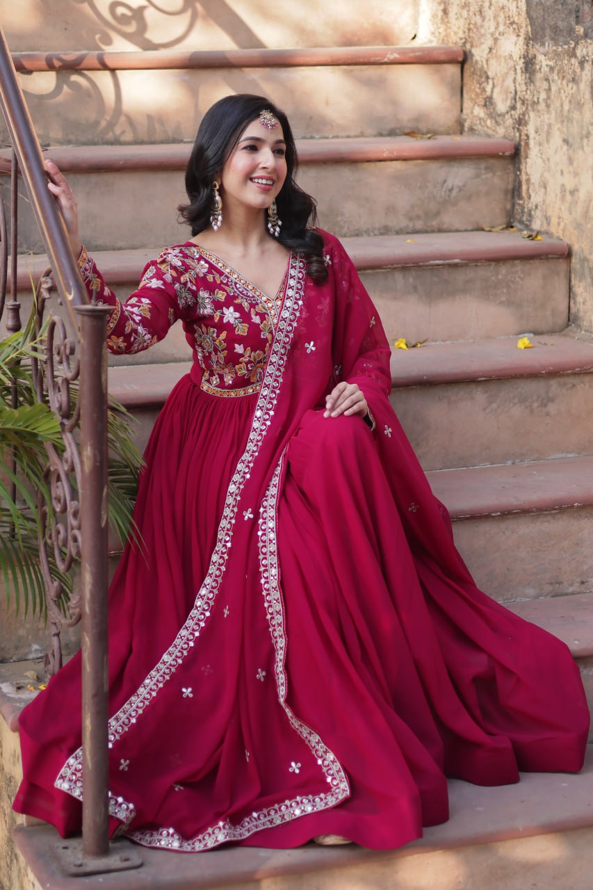 Magnificent Faux Georgette Zari Sequins Embroidered Gown With Dupatta - Ethnicwish