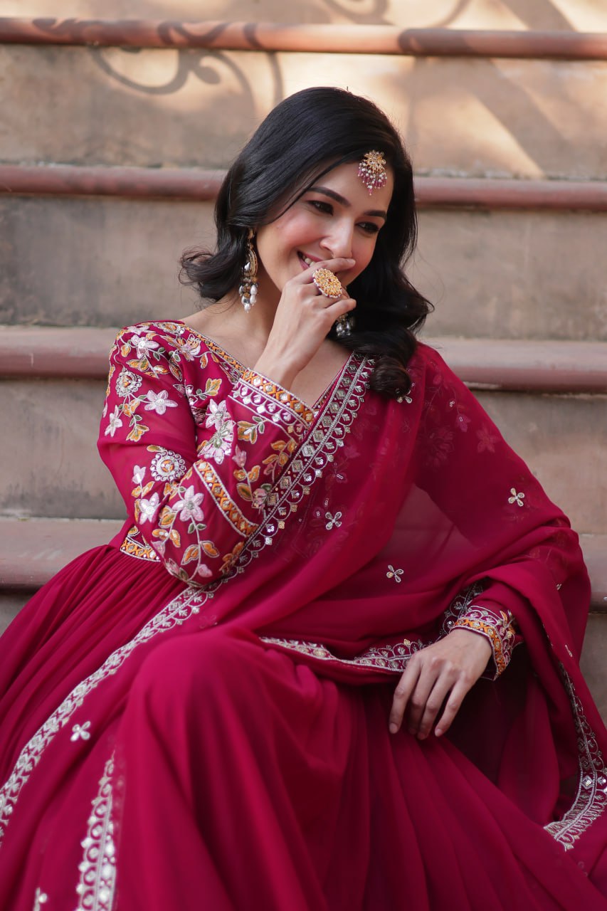 Magnificent Faux Georgette Zari Sequins Embroidered Gown With Dupatta - Ethnicwish