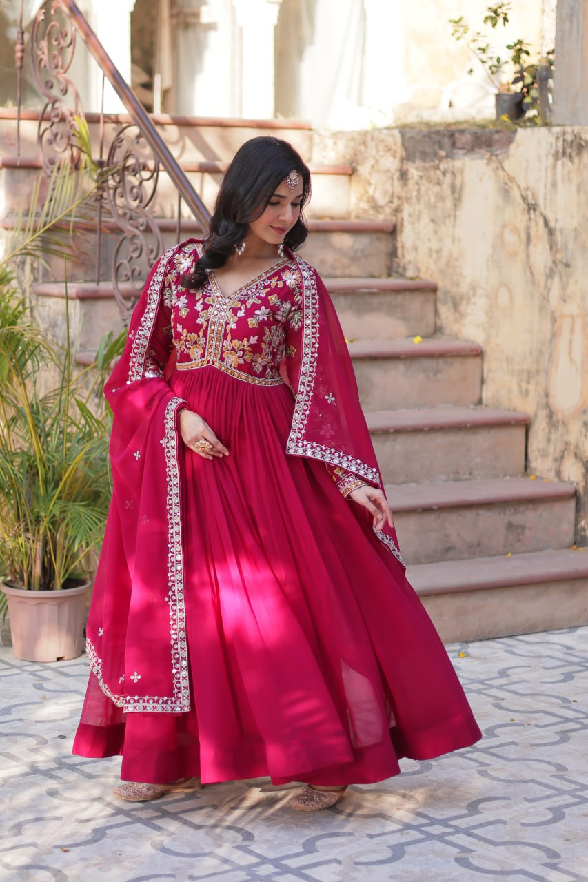 Magnificent Faux Georgette Zari Sequins Embroidered Gown With Dupatta - Ethnicwish