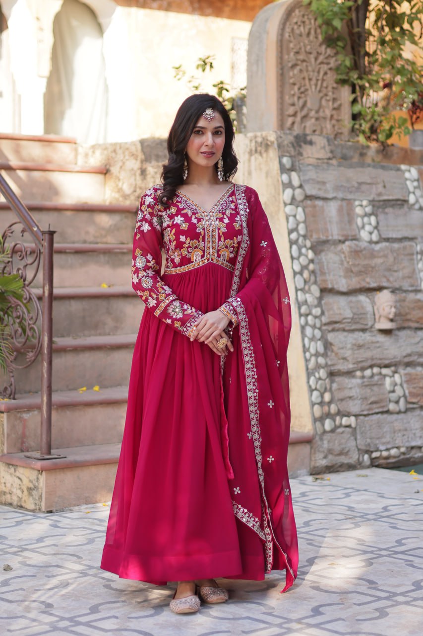 Magnificent Faux Georgette Zari Sequins Embroidered Gown With Dupatta - Ethnicwish