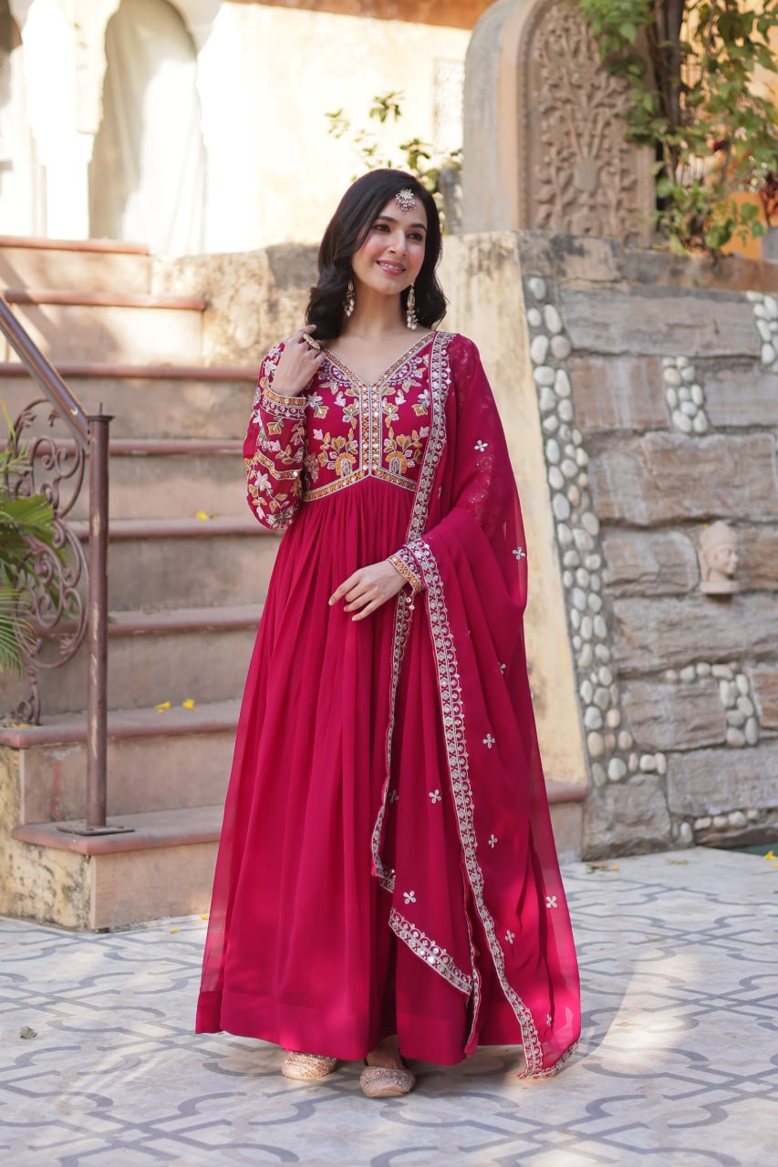 Magnificent Faux Georgette Zari Sequins Embroidered Gown With Dupatta - Ethnicwish