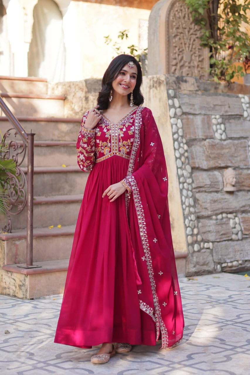 Magnificent Faux Georgette Zari Sequins Embroidered Gown With Dupatta - Ethnicwish