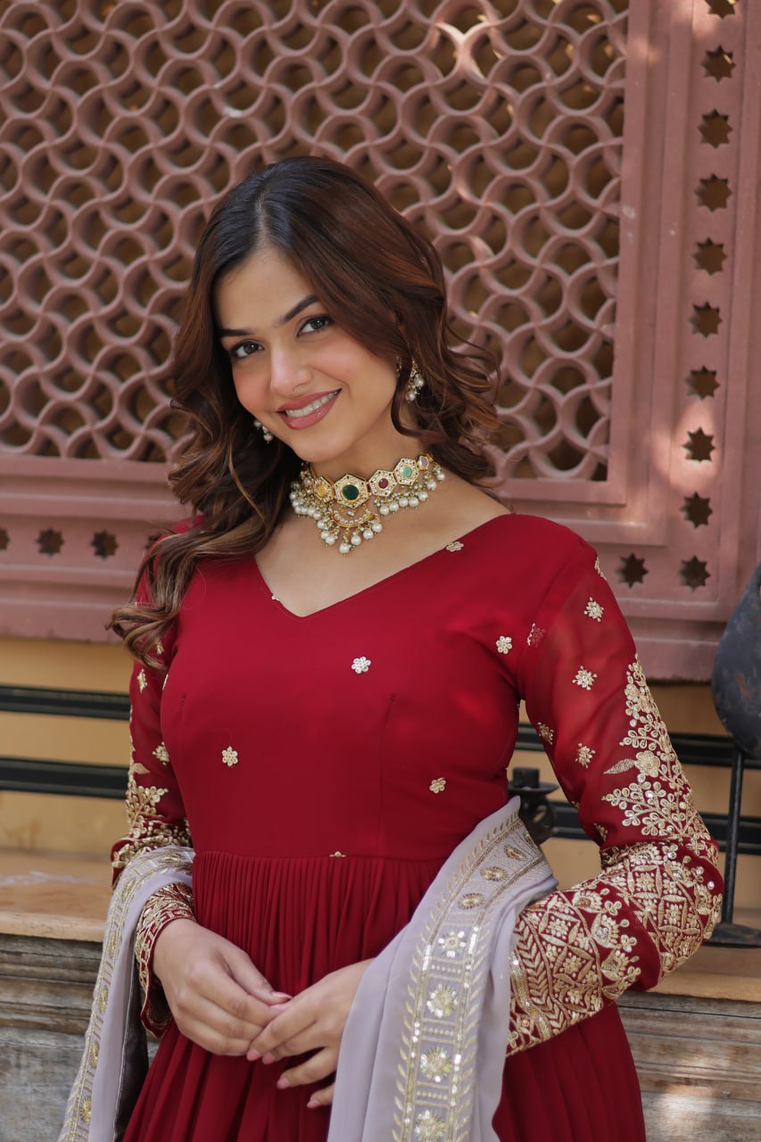 Spellbinding Maroon Faux Georgettte Embroidered Sequins Worked Gown - Ethnicwish