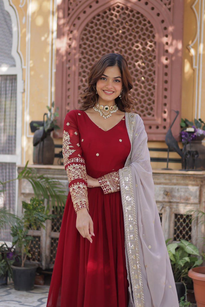 Spellbinding Maroon Faux Georgettte Embroidered Sequins Worked Gown - Ethnicwish