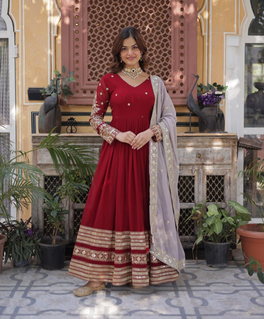 Spellbinding Maroon Faux Georgettte Embroidered Sequins Worked Gown - Ethnicwish