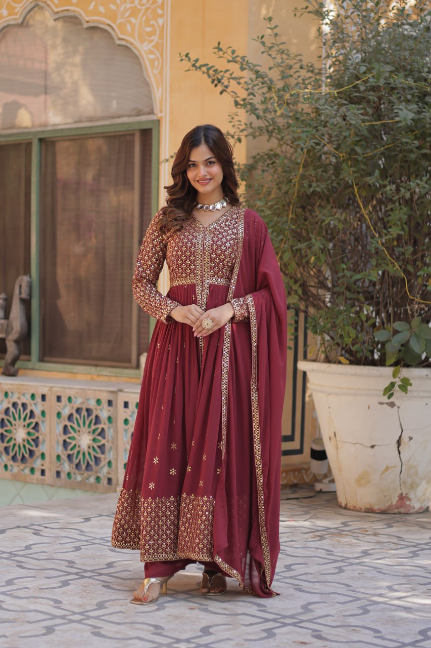 Graceful Elegance – Embroidered Faux Georgette Suit Set - Ethnicwish