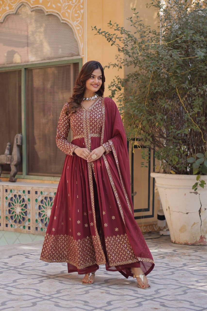 Graceful Elegance – Embroidered Faux Georgette Suit Set - Ethnicwish