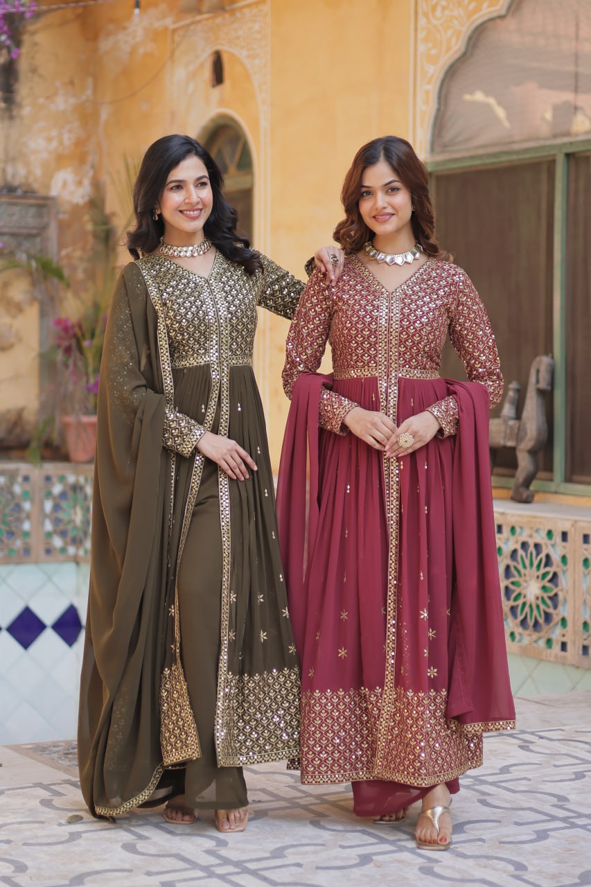 Graceful Elegance – Embroidered Faux Georgette Suit Set - Ethnicwish