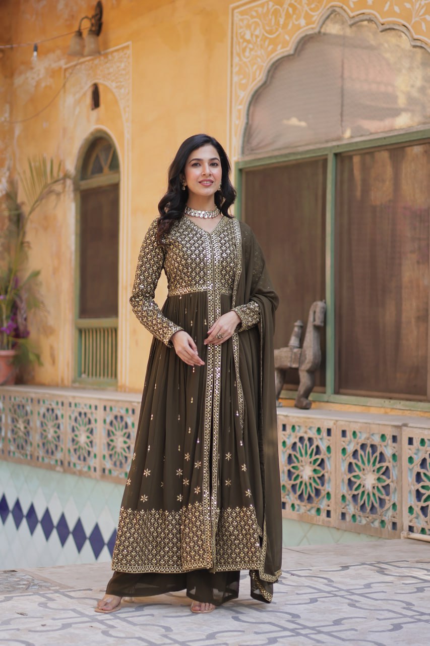 Graceful Elegance – Embroidered Faux Georgette Suit Set - Ethnicwish