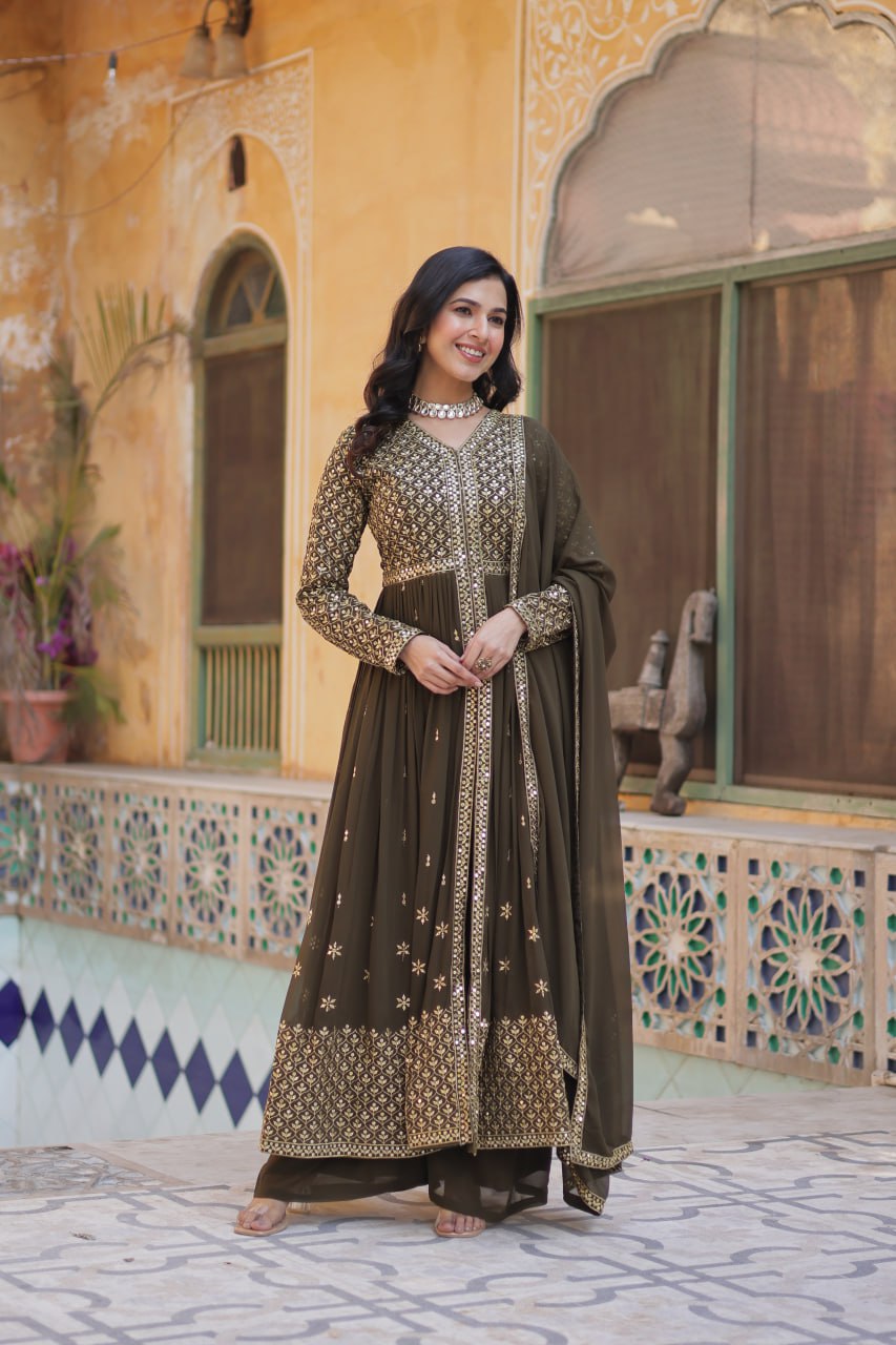 Graceful Elegance – Embroidered Faux Georgette Suit Set - Ethnicwish