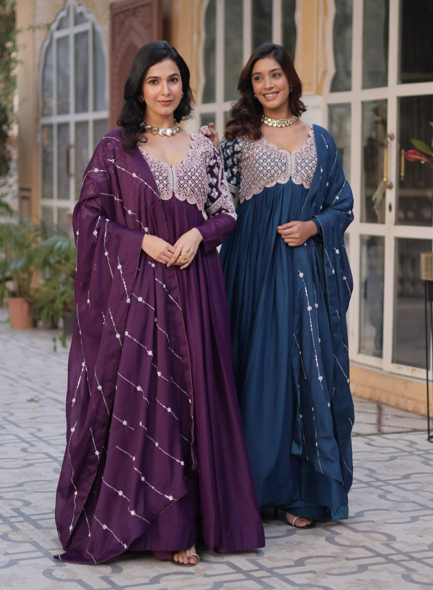Ethereal Elegance – Embroidered Star Georgette Gown with Dupatta - Ethnicwish