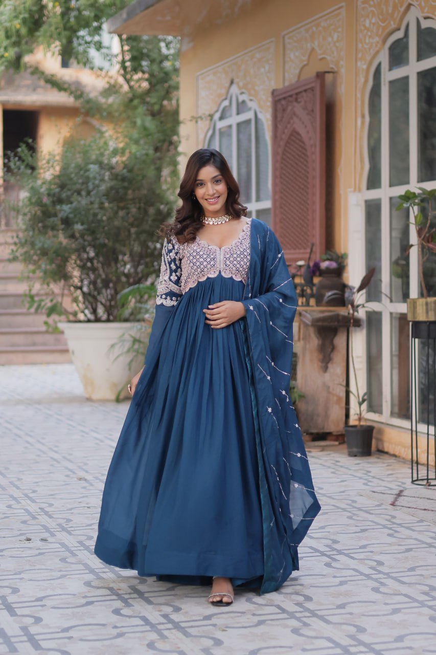 Ethereal Elegance – Embroidered Star Georgette Gown with Dupatta - Ethnicwish