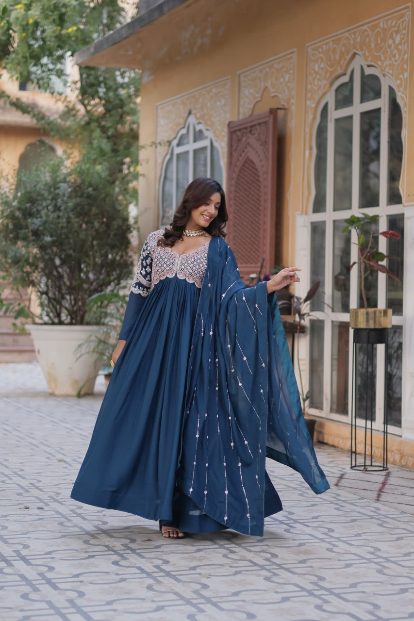 Ethereal Elegance – Embroidered Star Georgette Gown with Dupatta - Ethnicwish
