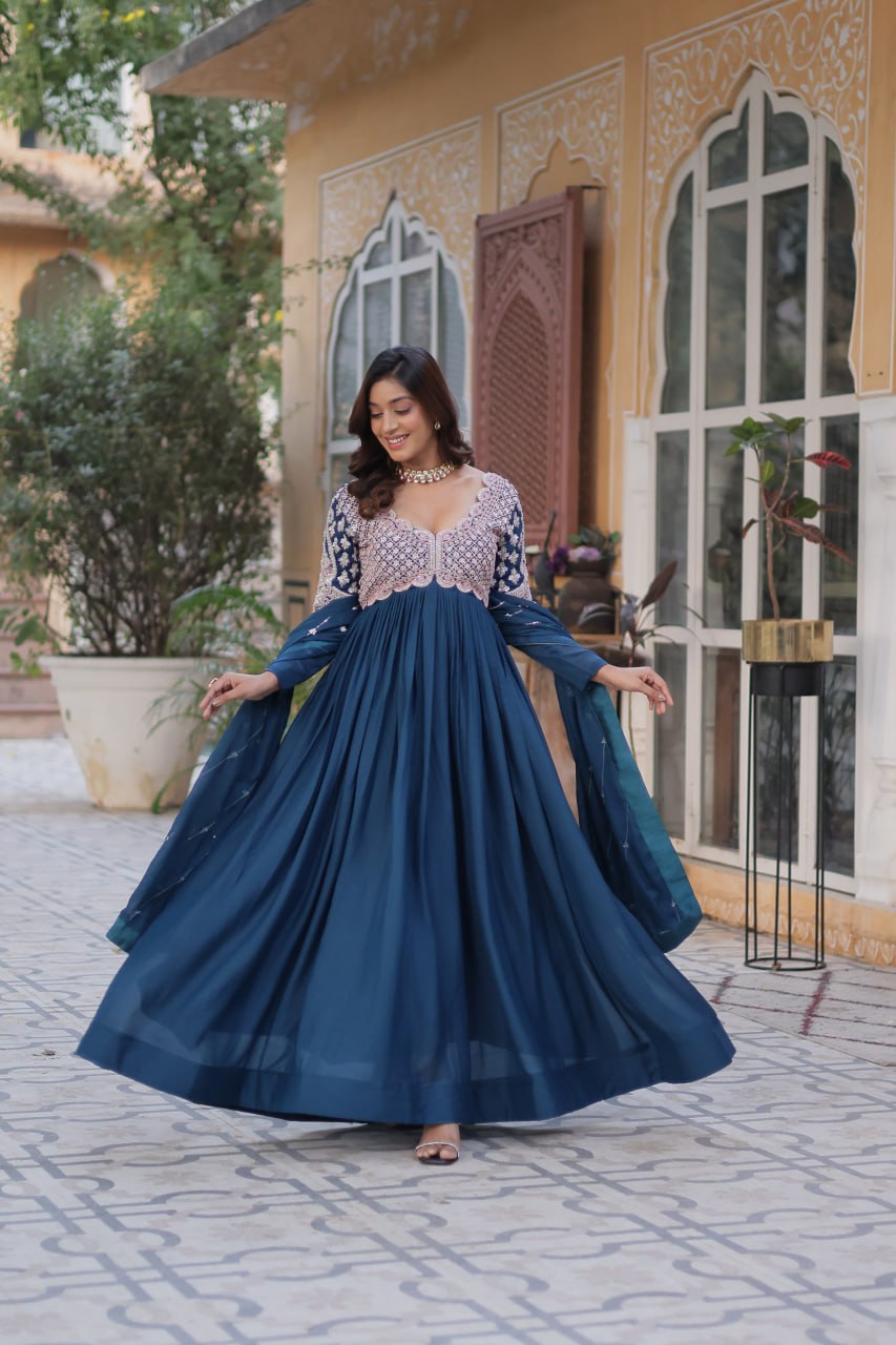 Ethereal Elegance – Embroidered Star Georgette Gown with Dupatta - Ethnicwish