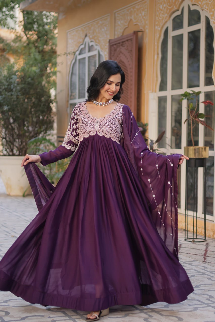 Ethereal Elegance – Embroidered Star Georgette Gown with Dupatta - Ethnicwish