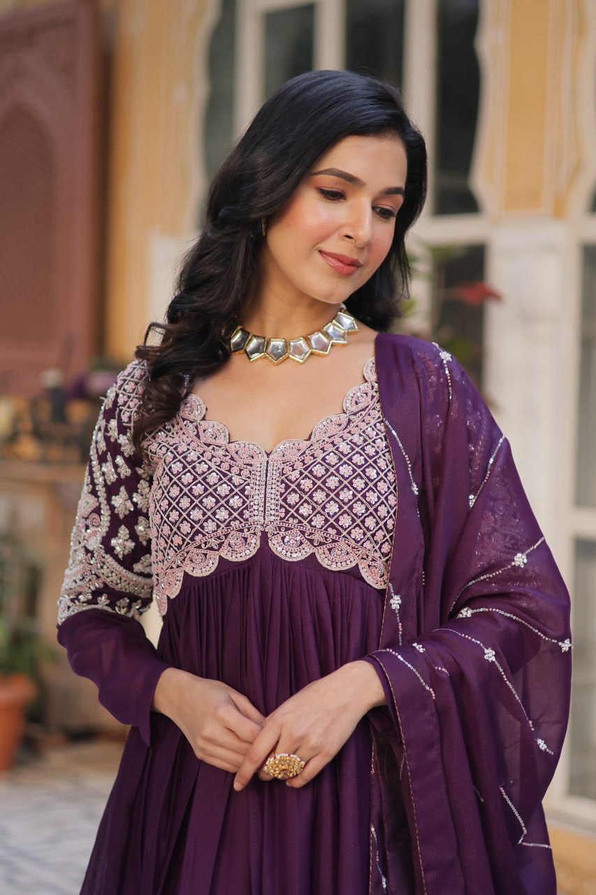 Ethereal Elegance – Embroidered Star Georgette Gown with Dupatta - Ethnicwish