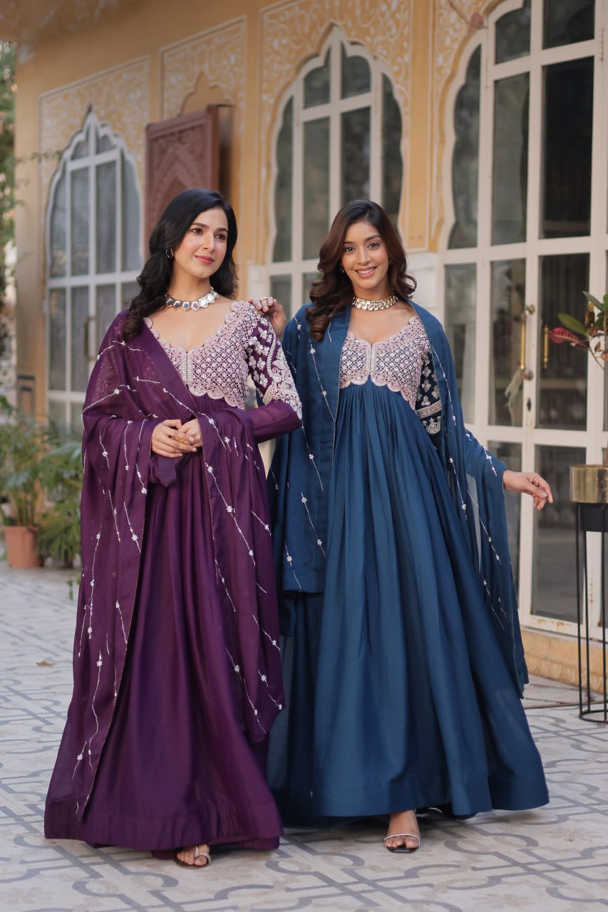 Ethereal Elegance – Embroidered Star Georgette Gown with Dupatta - Ethnicwish