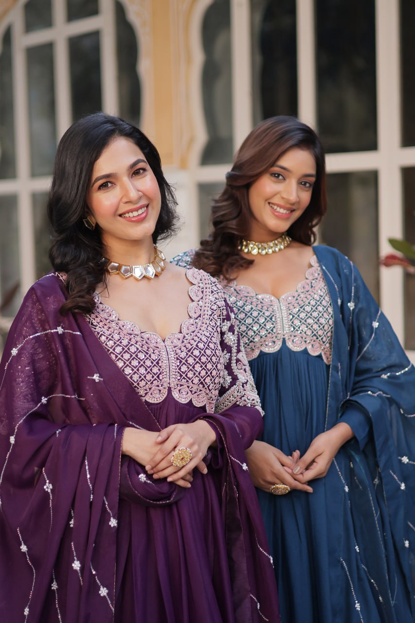 Ethereal Elegance – Embroidered Star Georgette Gown with Dupatta - Ethnicwish