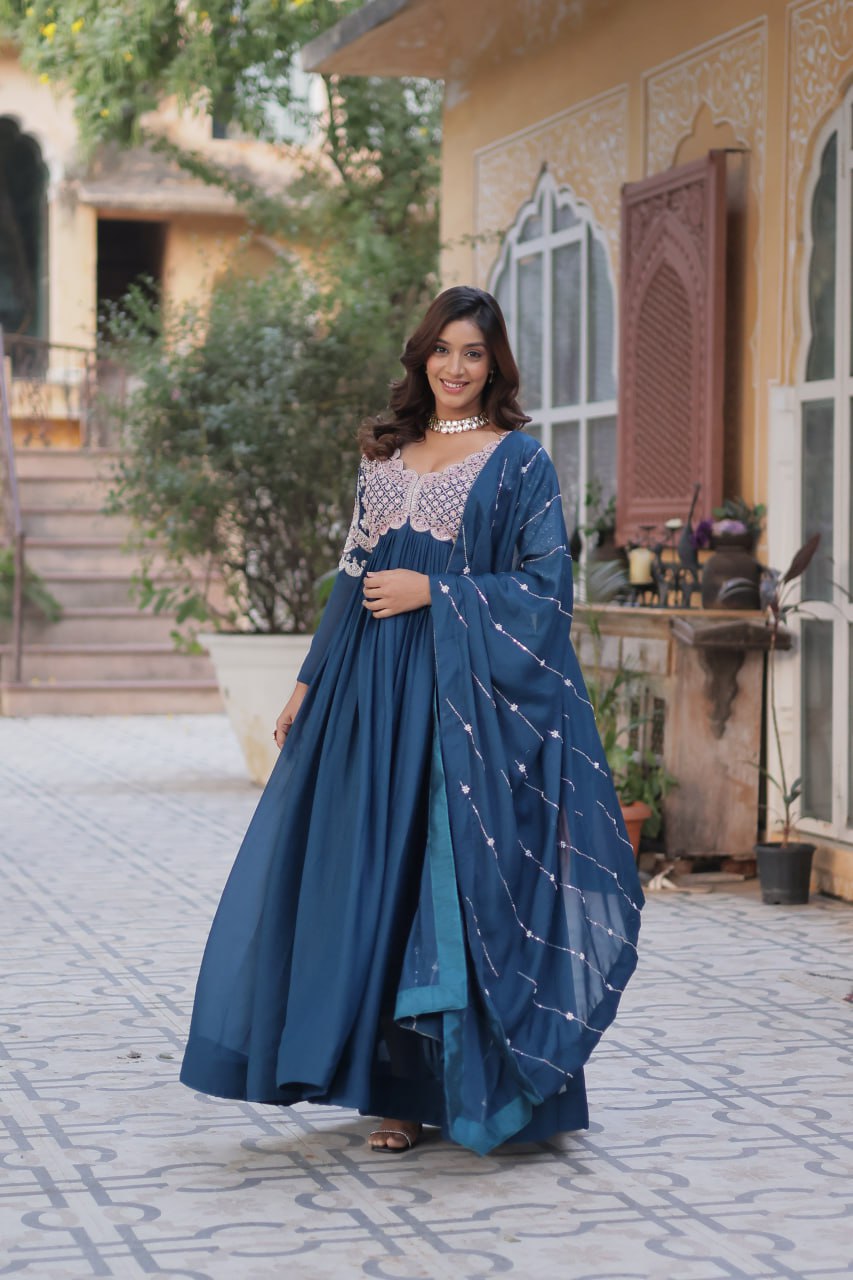 Ethereal Elegance – Embroidered Star Georgette Gown with Dupatta - Ethnicwish