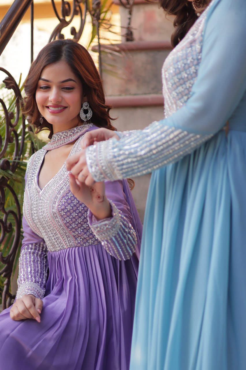 Exquisite Georgette Embroidered Beads Sequins Worked Gown With Dupatta - Ethnicwish