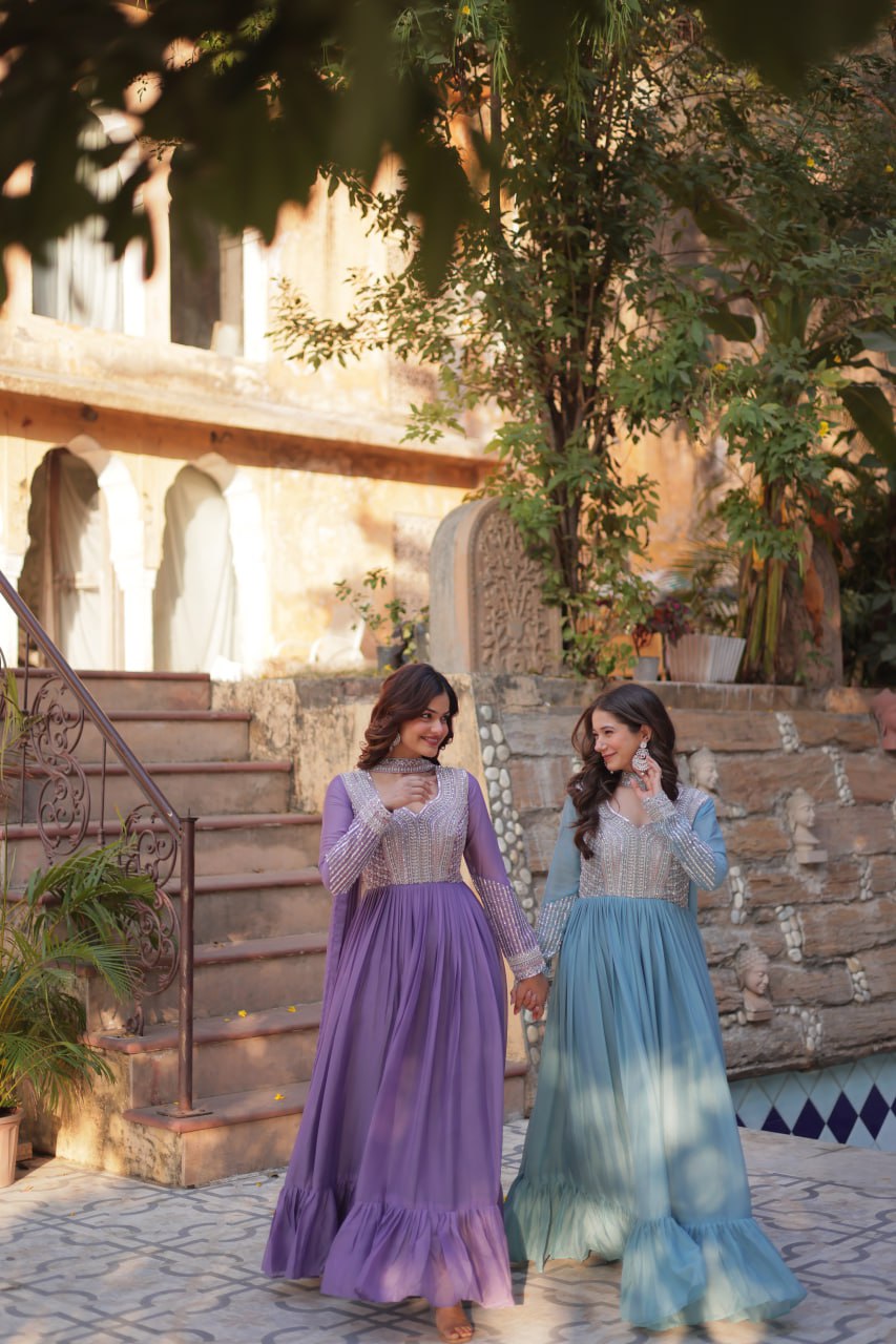 Exquisite Georgette Embroidered Beads Sequins Worked Gown With Dupatta - Ethnicwish