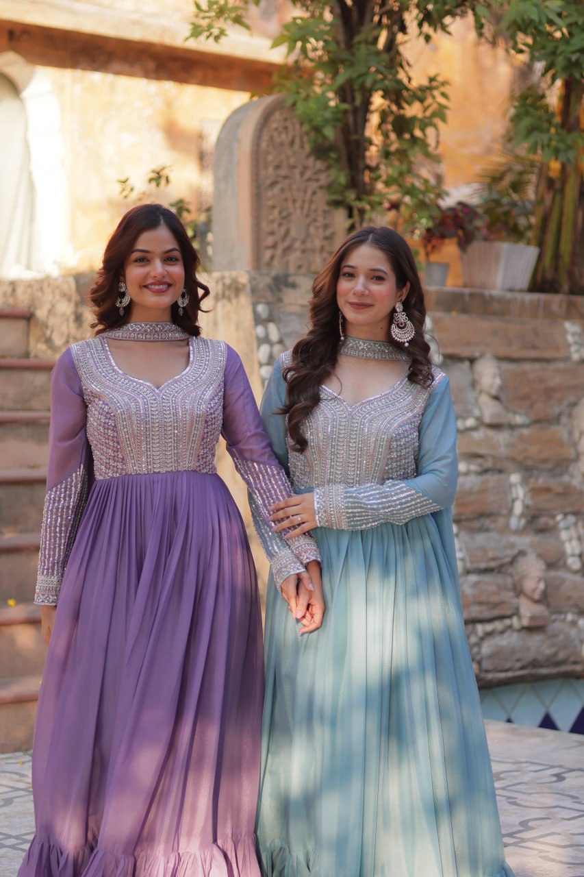 Exquisite Georgette Embroidered Beads Sequins Worked Gown With Dupatta - Ethnicwish