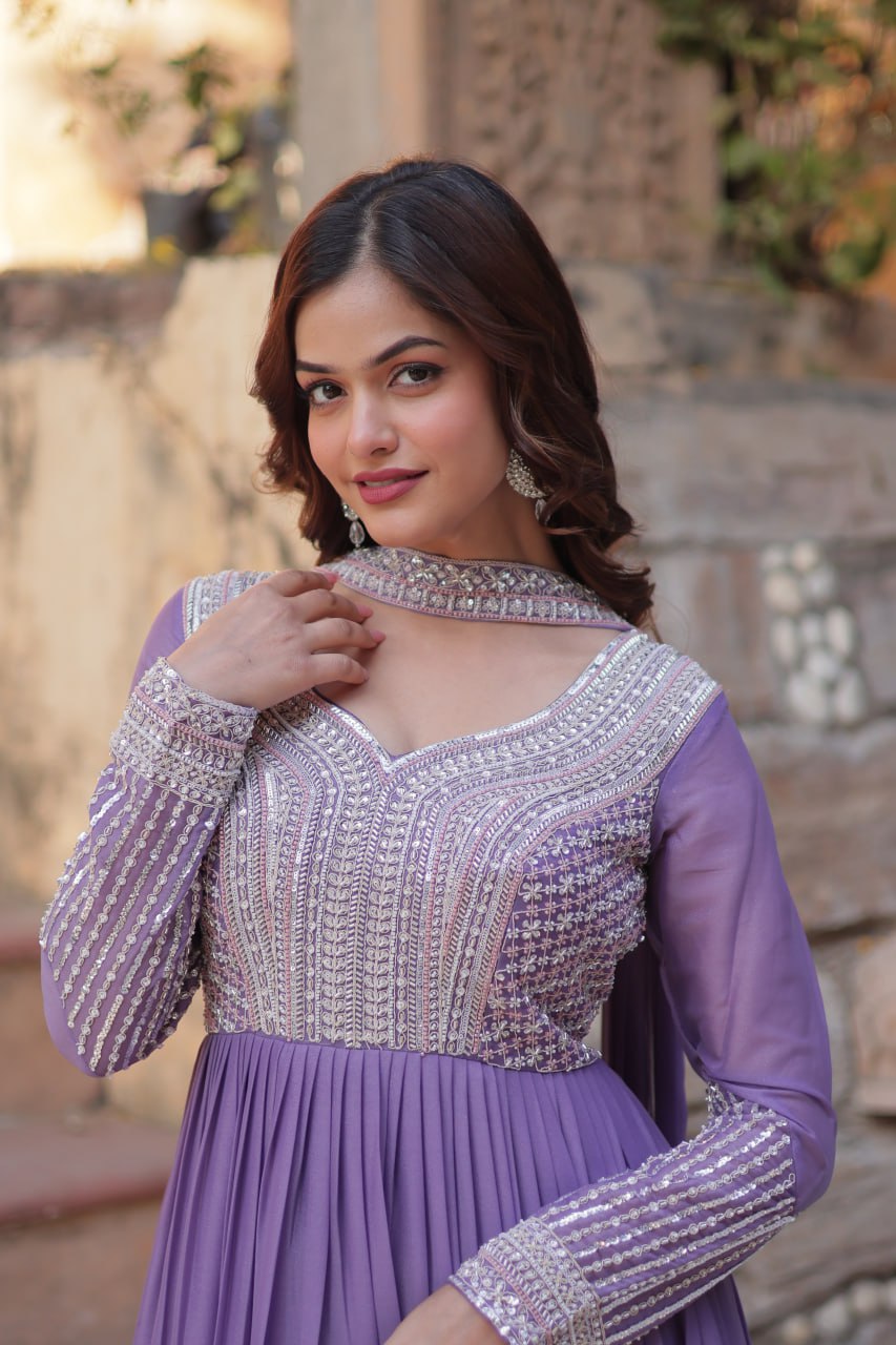 Exquisite Georgette Embroidered Beads Sequins Worked Gown With Dupatta - Ethnicwish