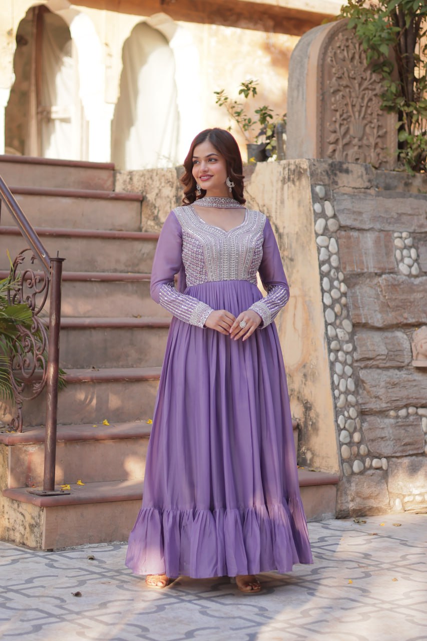 Exquisite Georgette Embroidered Beads Sequins Worked Gown With Dupatta - Ethnicwish
