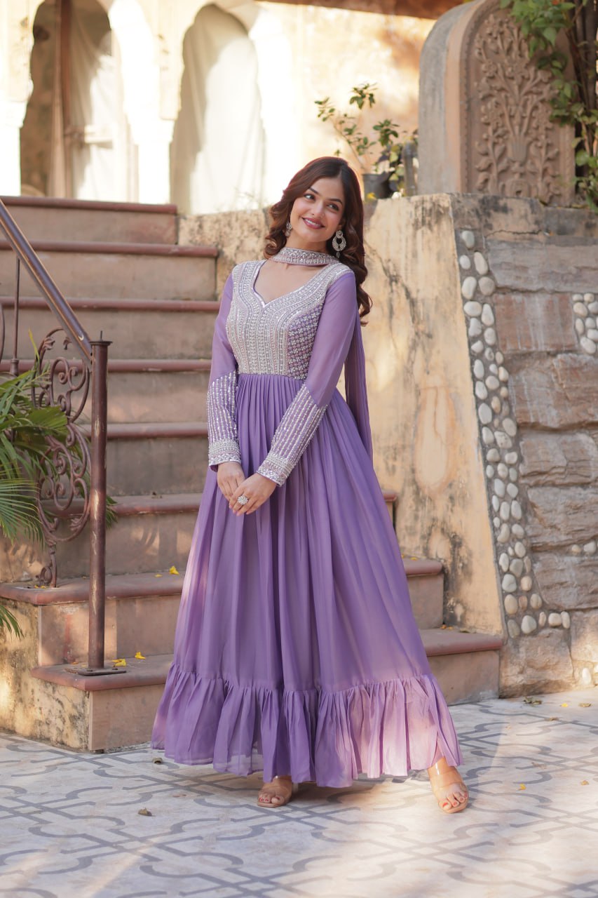 Exquisite Georgette Embroidered Beads Sequins Worked Gown With Dupatta - Ethnicwish
