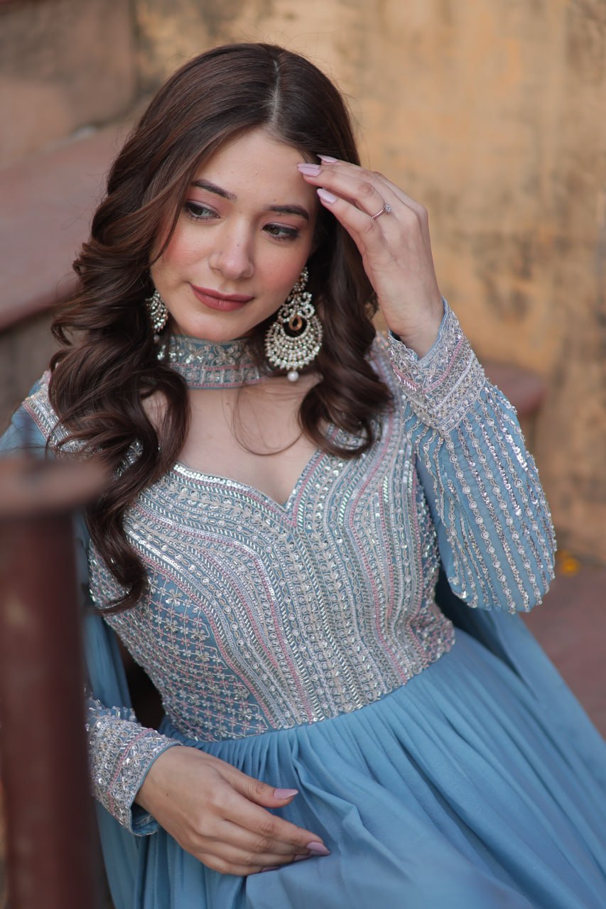 Exquisite Georgette Embroidered Beads Sequins Worked Gown With Dupatta - Ethnicwish