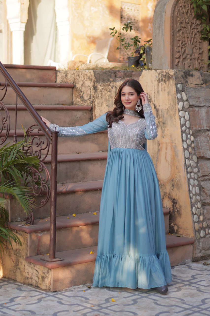 Exquisite Georgette Embroidered Beads Sequins Worked Gown With Dupatta - Ethnicwish