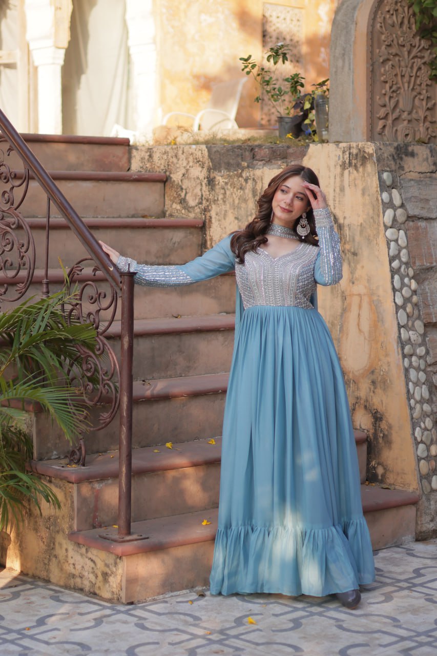 Exquisite Georgette Embroidered Beads Sequins Worked Gown With Dupatta - Ethnicwish