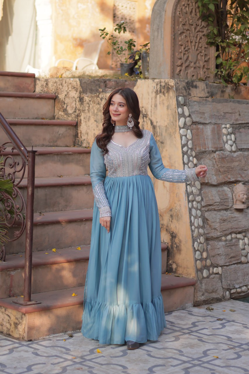 Exquisite Georgette Embroidered Beads Sequins Worked Gown With Dupatta - Ethnicwish